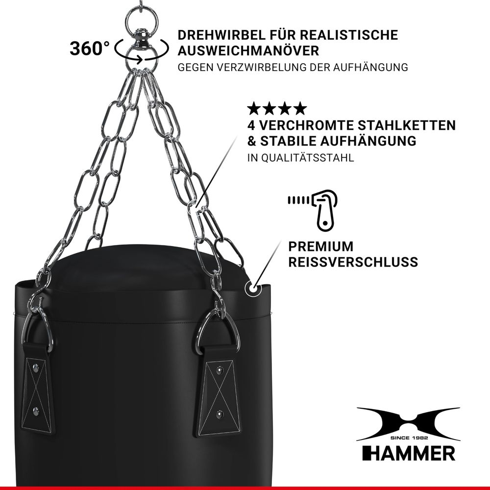 Sac de boxe noir avec pivot à 360°, quatre chaînes et fermeture éclair premium.