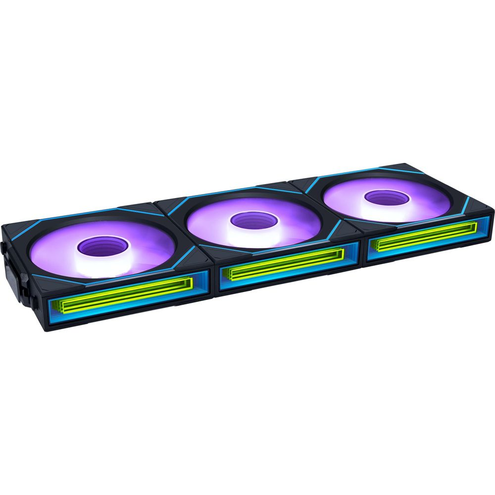Drei leuchtende Lüfter mit violettem Licht und grünen Akzenten.