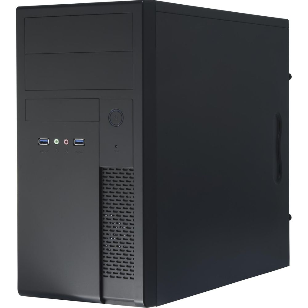 A black computer tower with front ports and ventilation grilles.