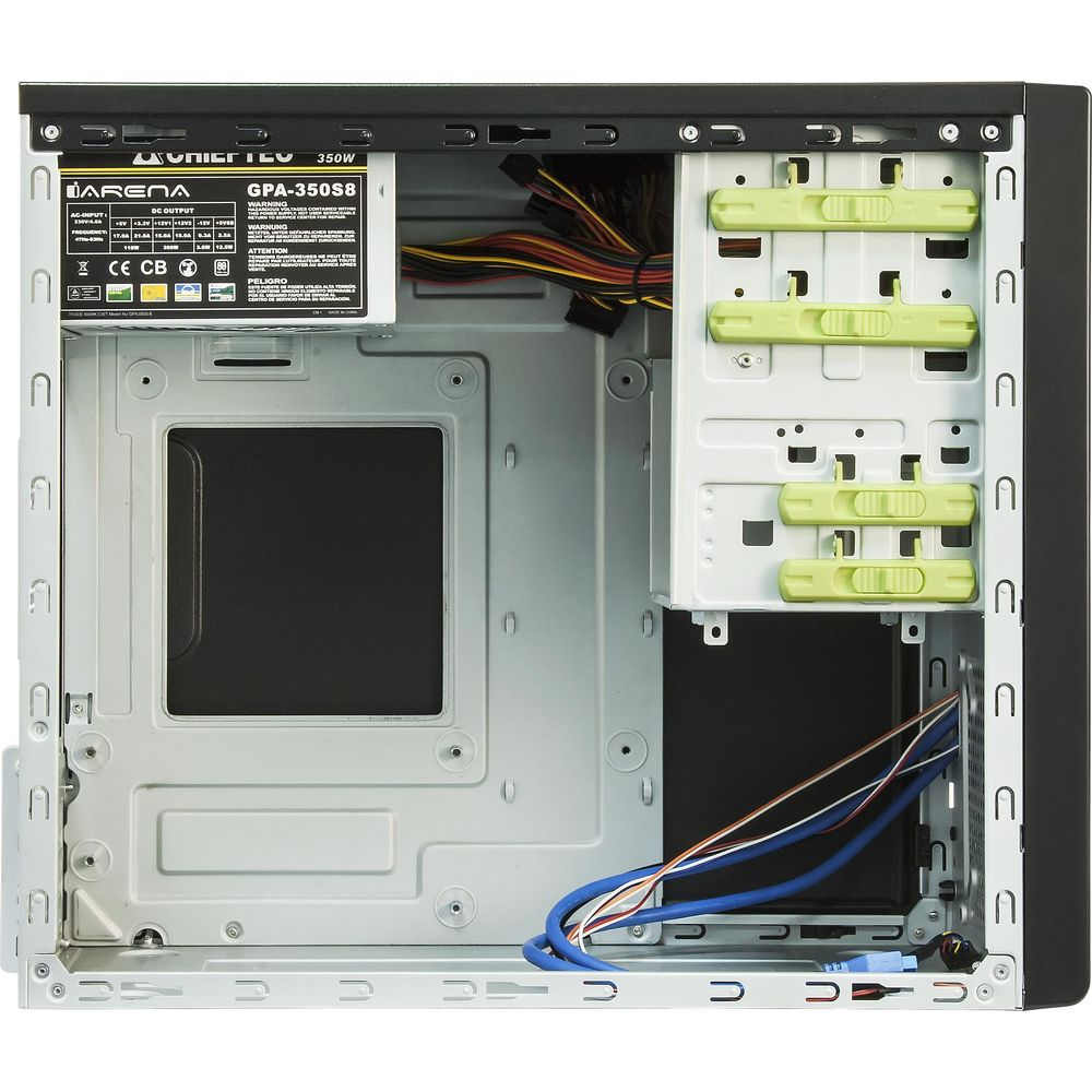 A PC case with power supply, cables and drive bays. Bright and clean.