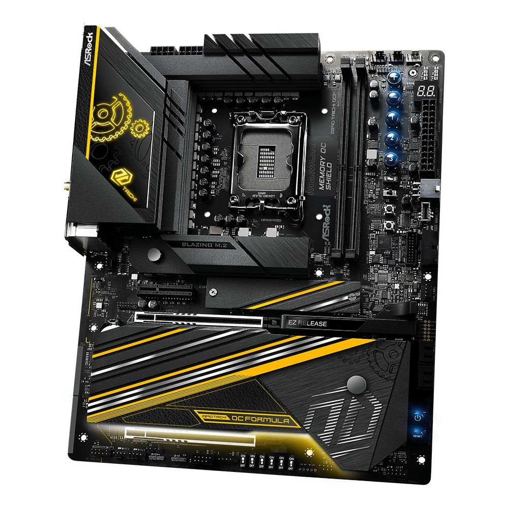 Czarna płyta główna ASRock Taichi z żółtymi akcentami i gniazdem CPU.