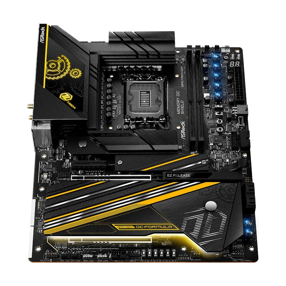 Czarna płyta główna z żółtymi akcentami, gniazdem CPU i portami.