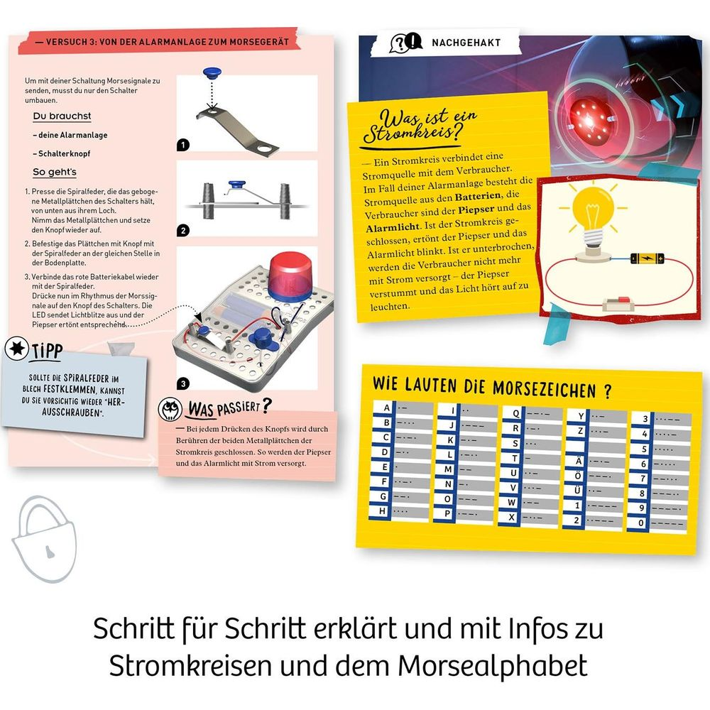 Anleitung zum Bau einer Morseschaltung mit Alarmlicht und Piepser, inklusive Morsecode.