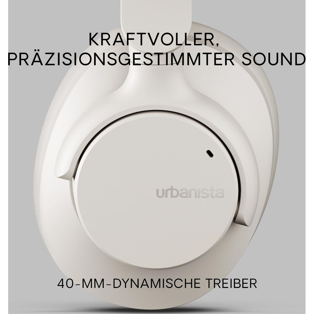 Białe słuchawki Urbanista z przetwornikami 40 mm i tekstem.