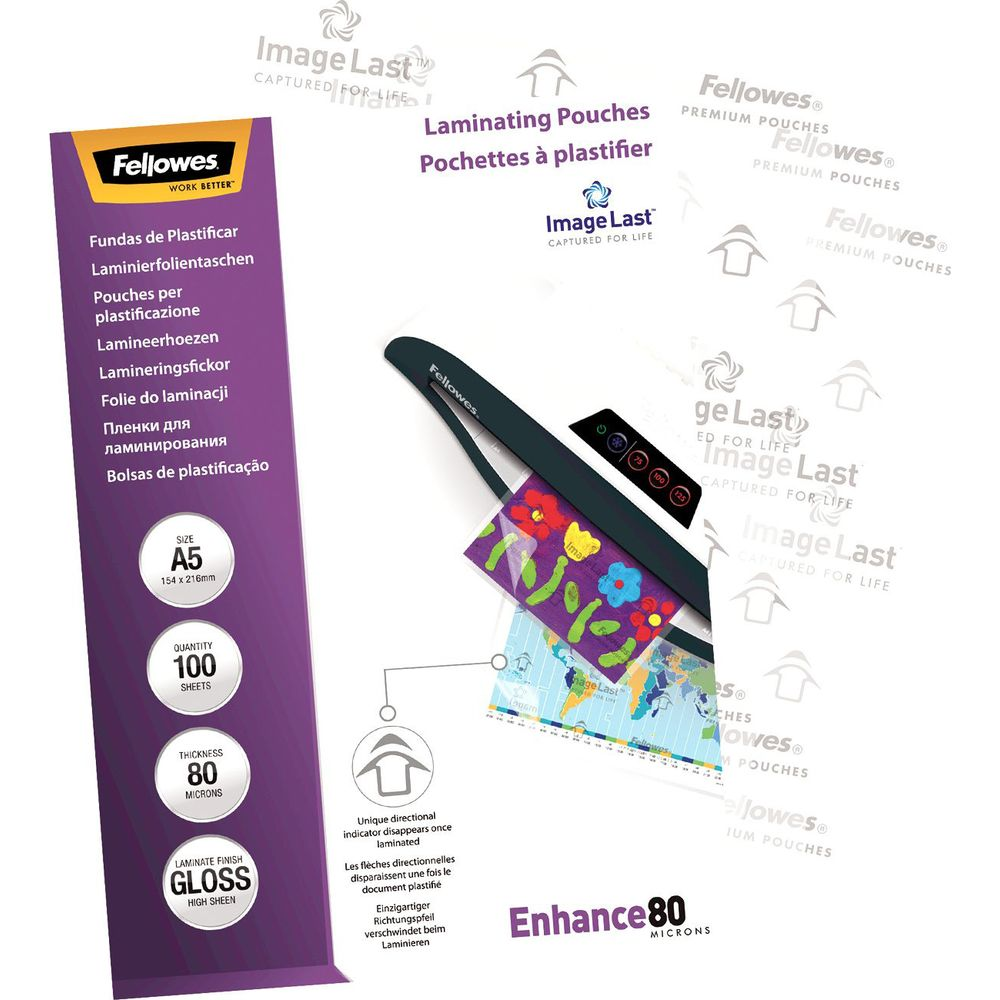 Fellowes Laminiergerät mit A5-Format-Einlage und laminierter Grafik.