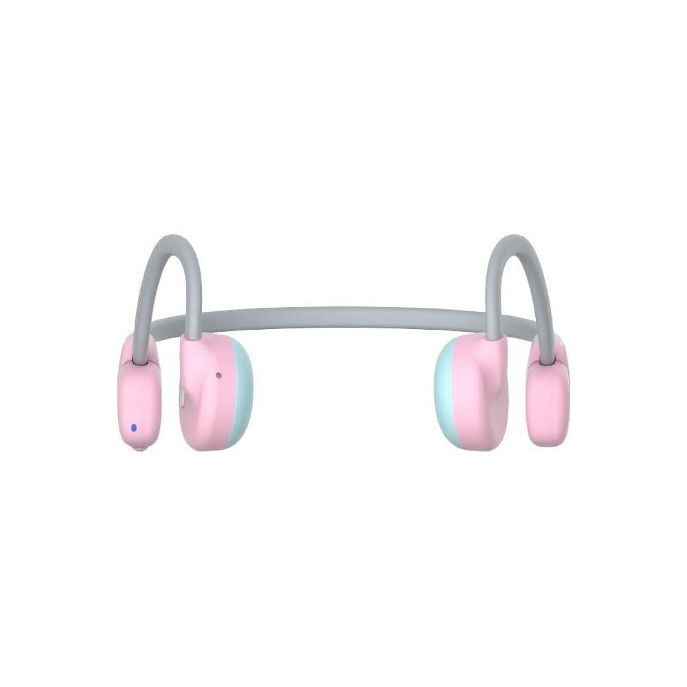 Ein rosa und hellblaues Nacken-Headset mit grauem Bügel.