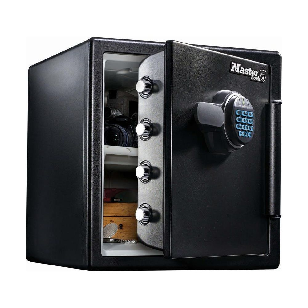 Ein offener schwarzer Master Lock Tresor mit Zahlenschloss und Kamera im Inneren.