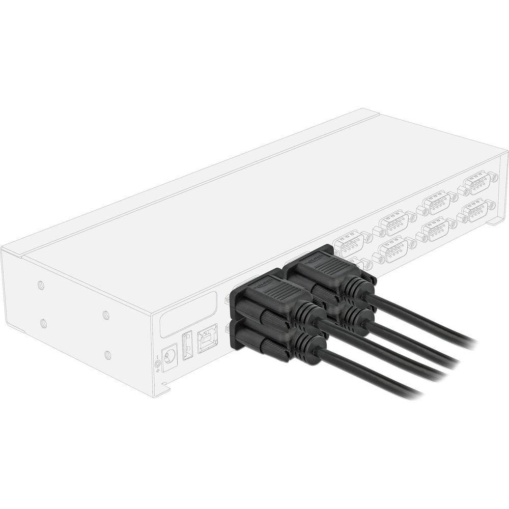 Cztery czarne kable podłączone do białego urządzenia z wieloma portami.