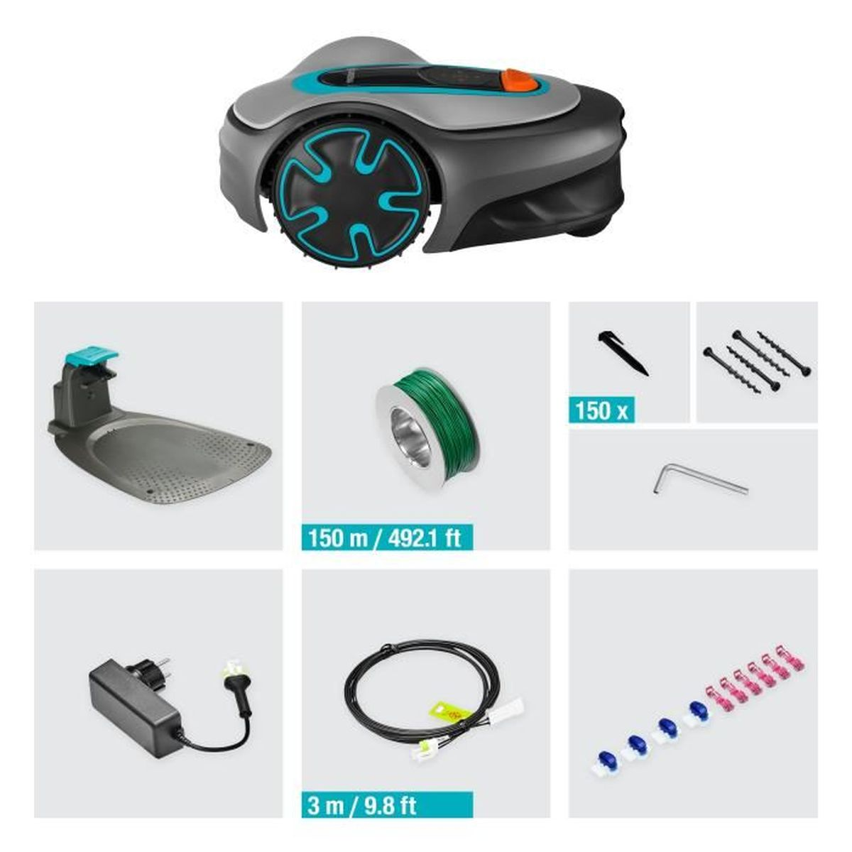 Mähroboter Zubehör: Ladestation, Drahtrolle, Befestigungsmaterial, Kabel & Verbinder.