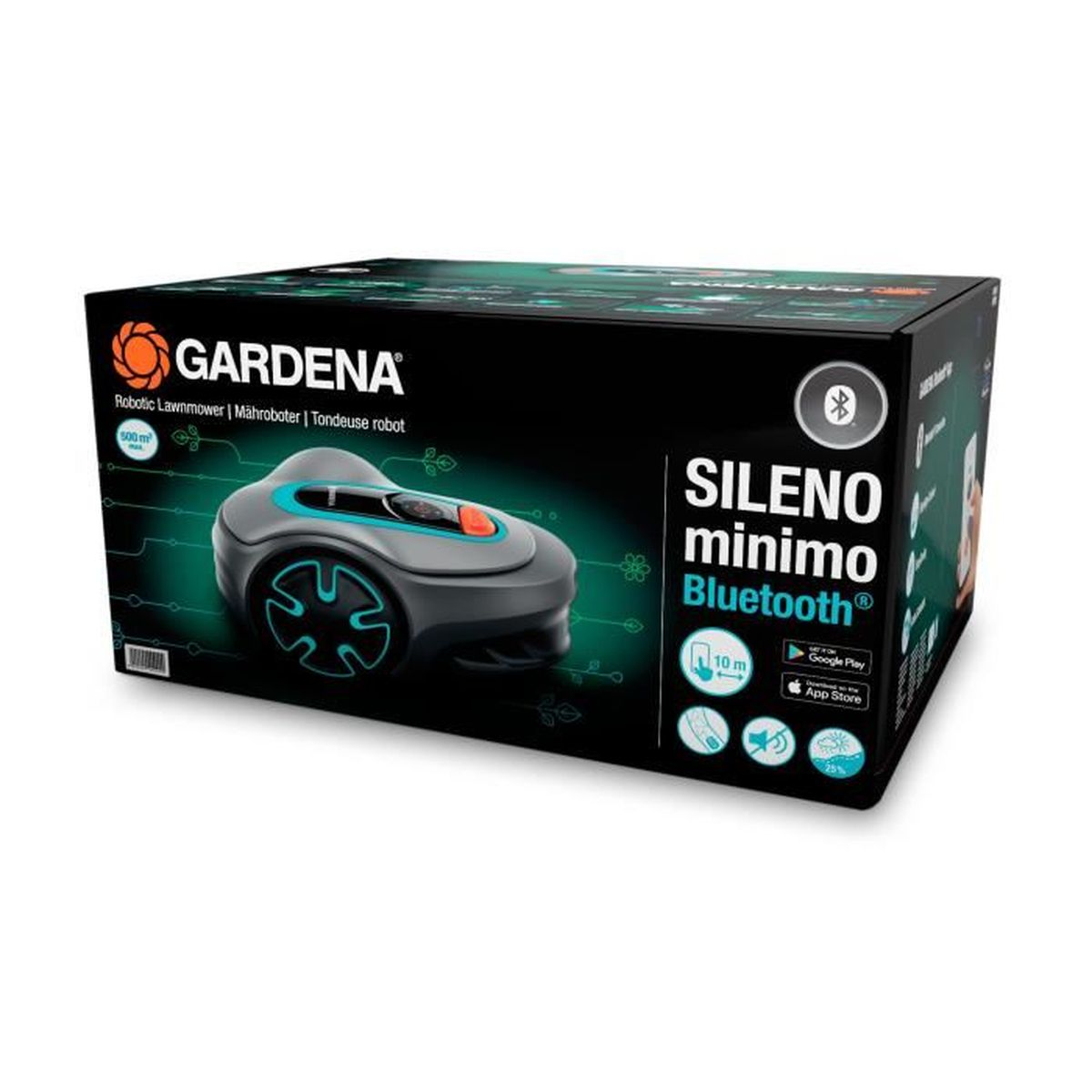 Gartenroboter SILENO minimo Bluetooth von GARDENA auf schwarzer Verpackung.