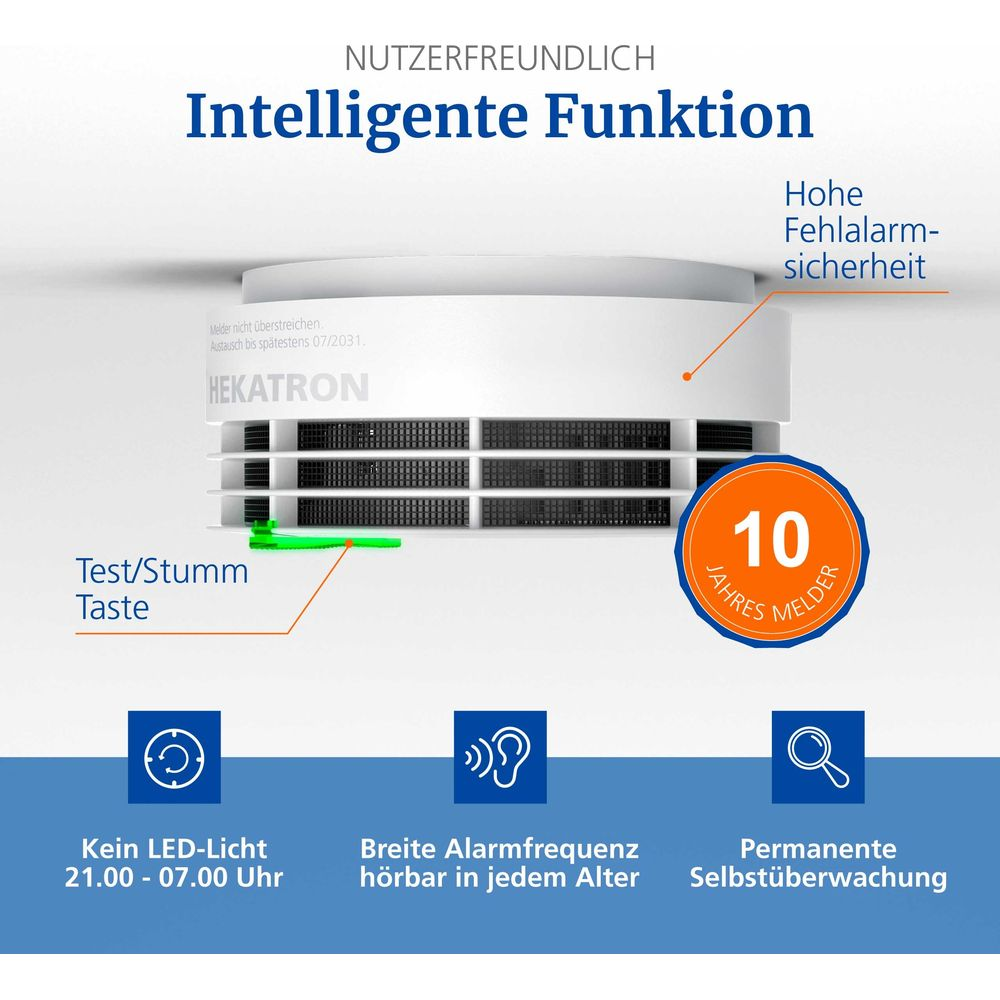 Rauchmelder mit Test/Stummtaste, 10 Jahre Lebensdauer, kein LED-Licht 21-7 Uhr.