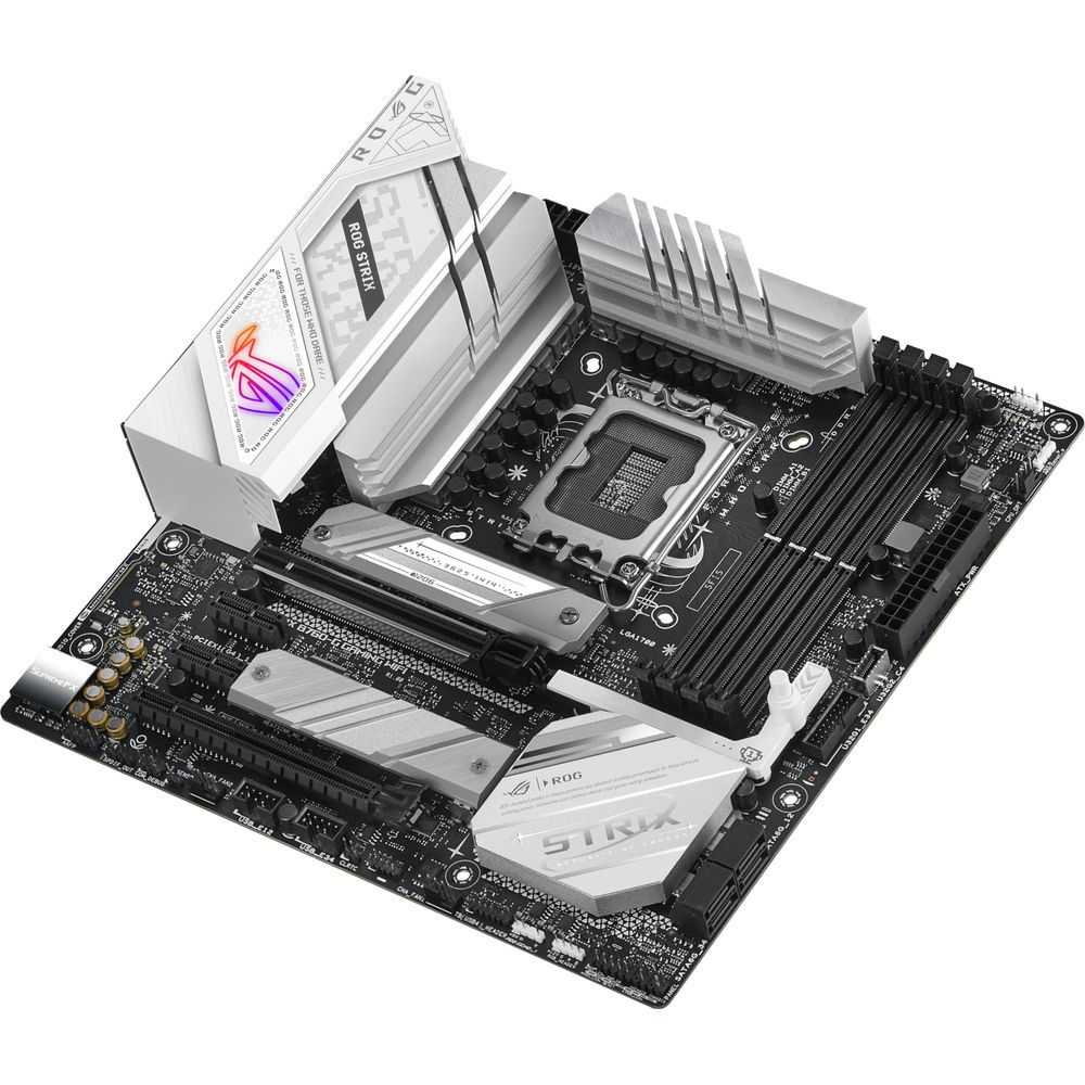 Una scheda madre per computer argentata e nera con logo ROG STRIX.
