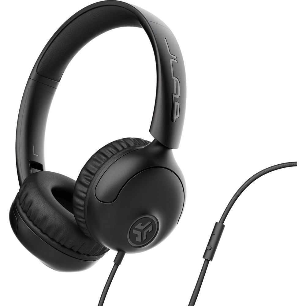 Casque noir avec cordon et logo sur fond blanc.