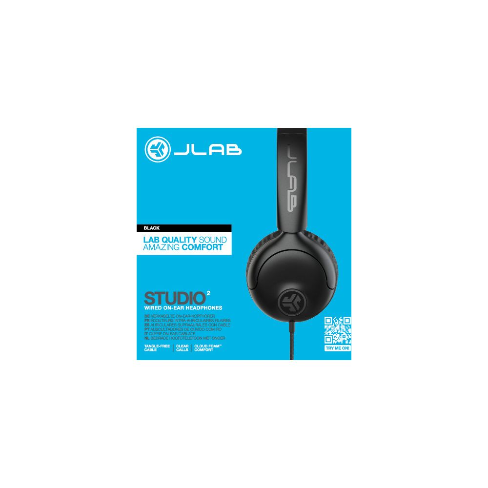 Casque JLab Studio 2 noir filaire supra-auriculaire avec logo et QR.