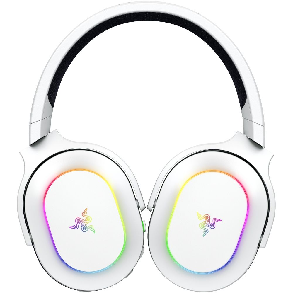 Cuffie bianche sovraurali con illuminazione RGB sui padiglioni e logo Razer.