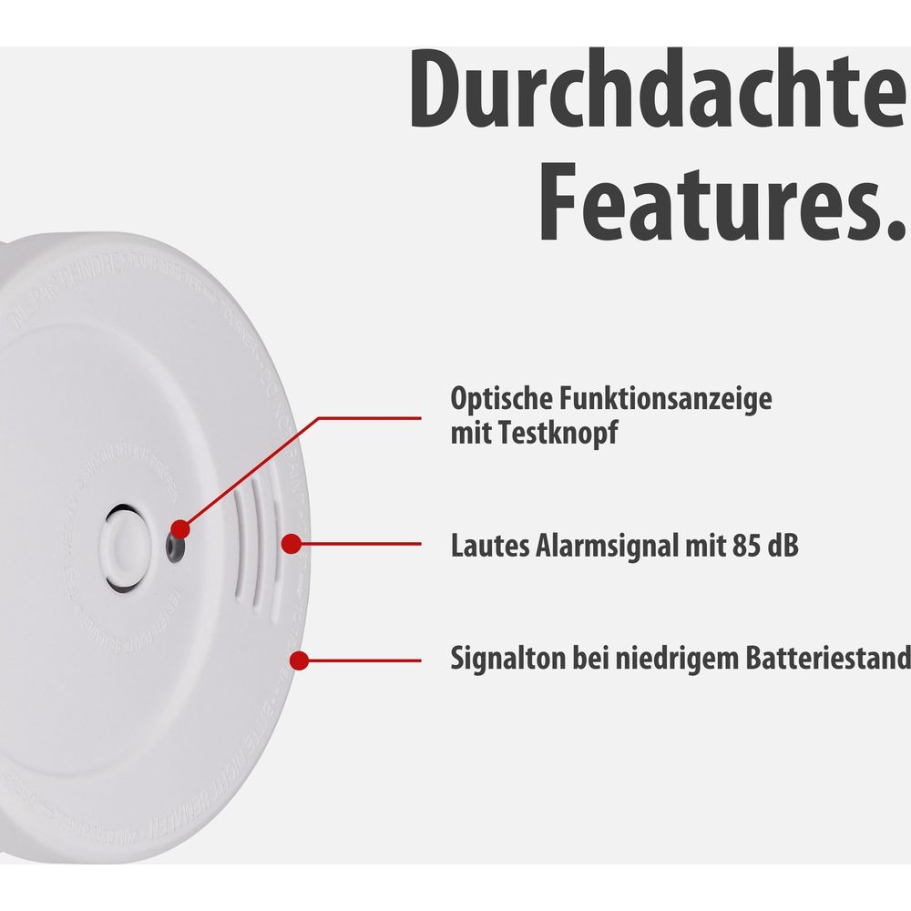 Rauchmelder mit optischer Anzeige, 85 dB Alarm, Batteriestandsanzeige.