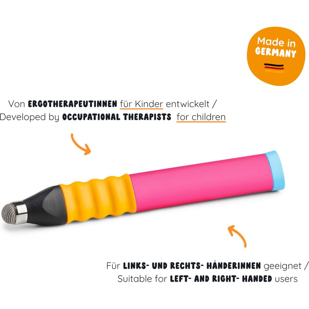 Un stylet rose avec manche jaune et pointe grise, fabriqué en Allemagne.