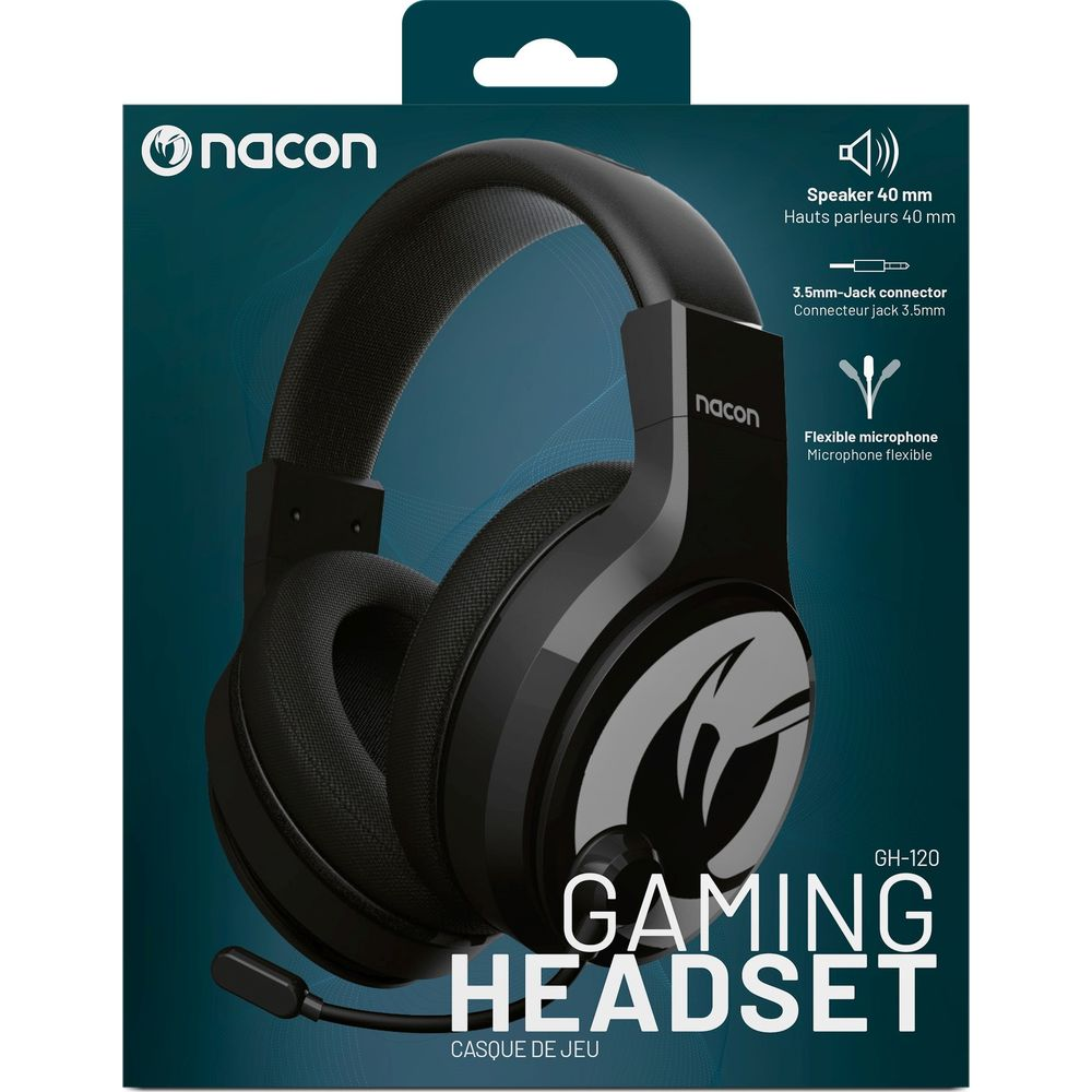 Cuffie gaming Nacon nere con altoparlanti da 40mm e microfono flessibile.