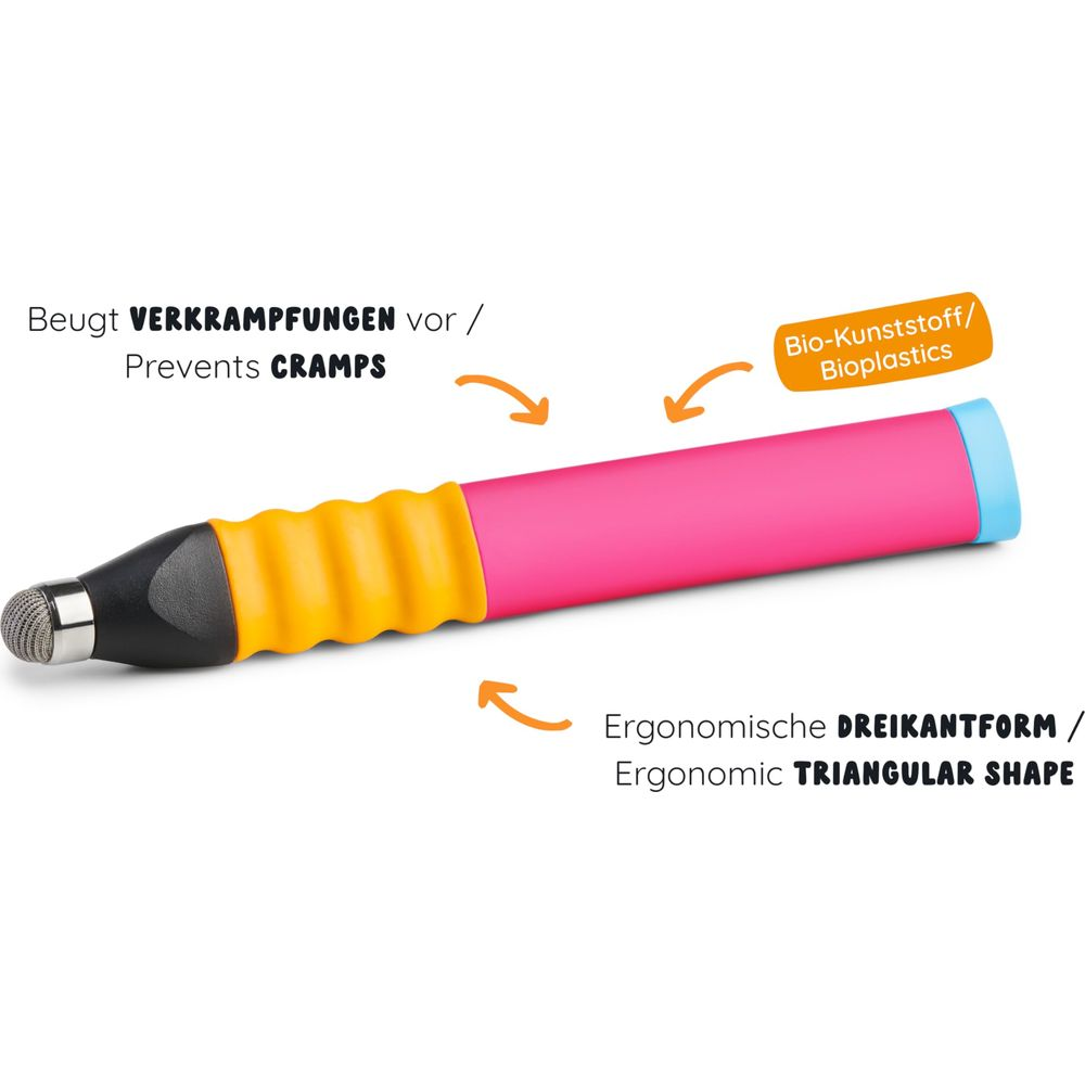 Un stylo rose avec une poignée jaune et une pointe argentée. Bioplastiques.