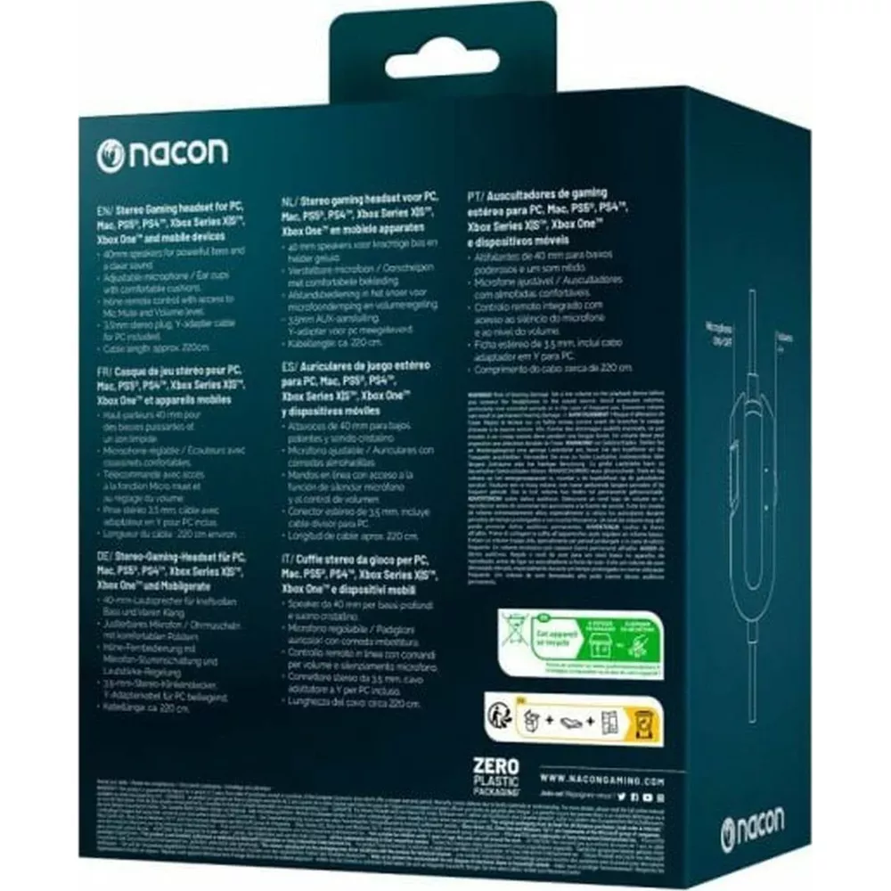 Confezione headset gaming Nacon con info multilingue e illustrazione del headset.