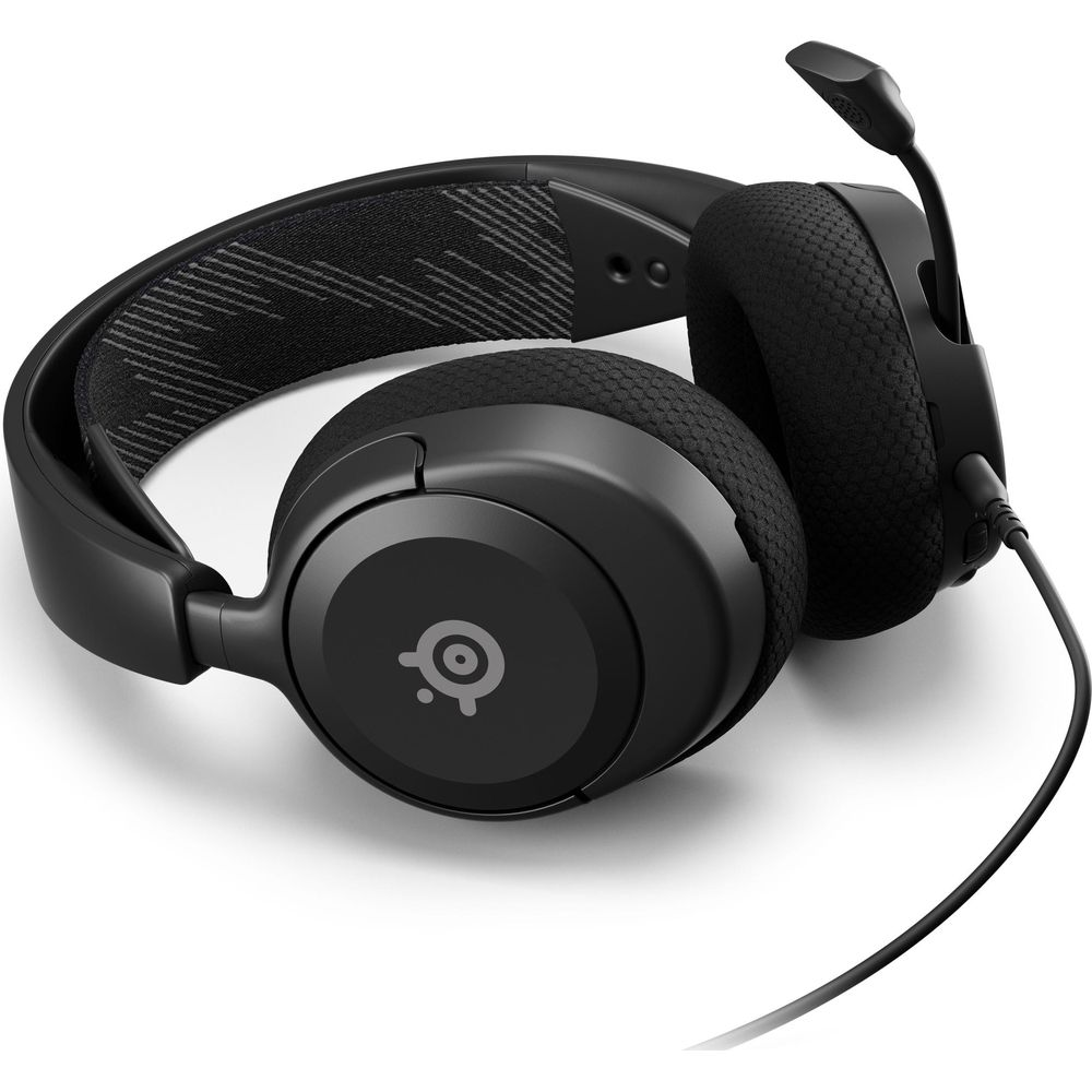 Black gaming headset with microphone, on a white background.