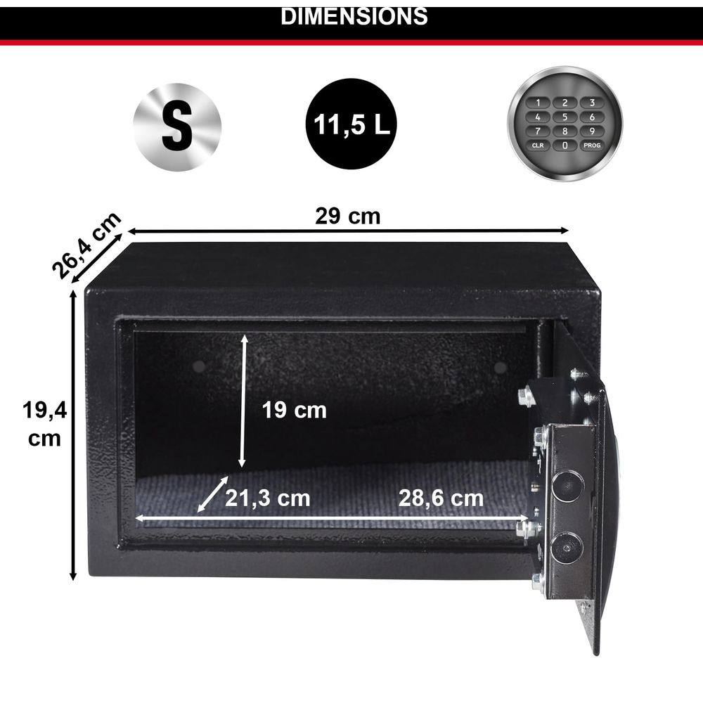 Caja fuerte negra con dimensiones: Al 26,4cm, An 29cm, Pr 28,6cm. Interior: Al 19cm, An 21,3cm.