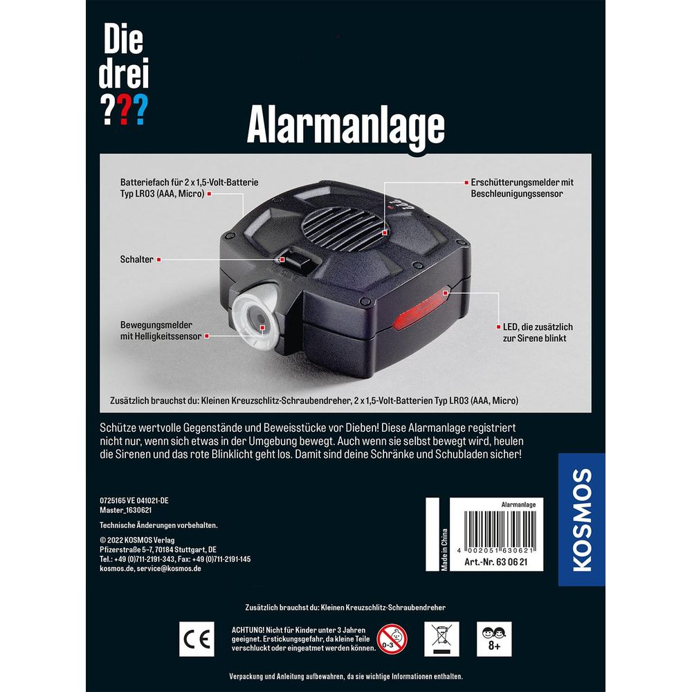 Ein schwarzer KOSMOS Alarmanlage mit Bewegungssensor, LED und Beschleunigungssensor.