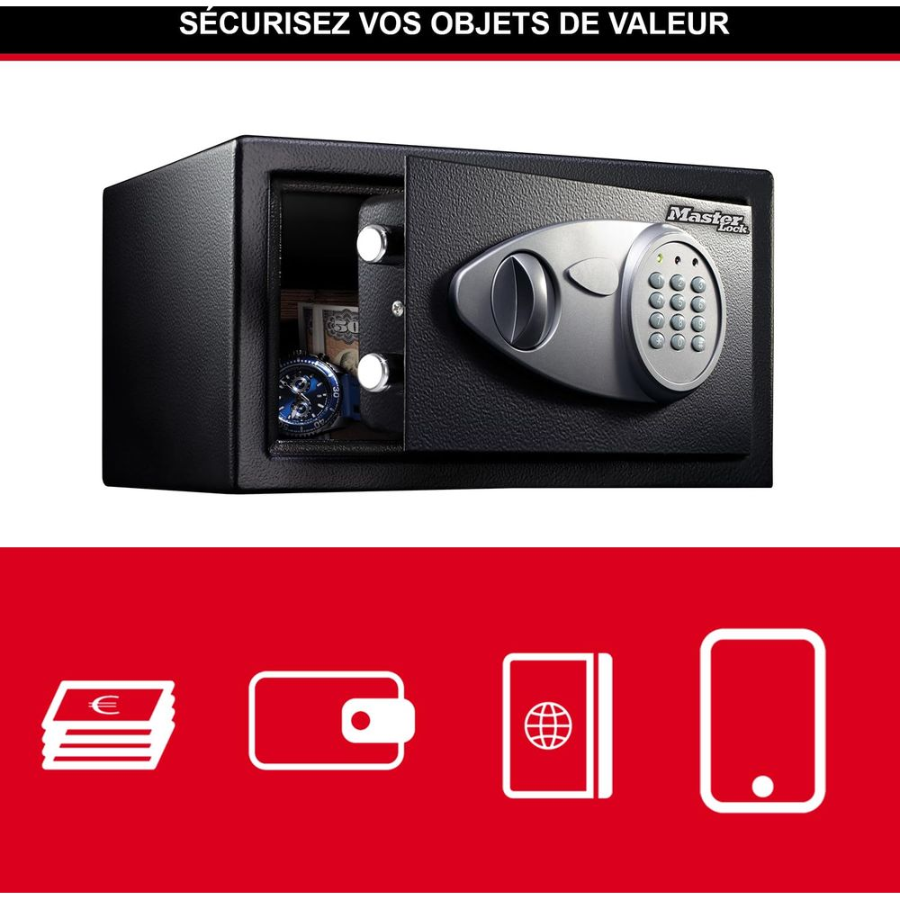 Caja fuerte negra abierta con reloj, dinero y cerradura digital. Iconos de dinero, billetera, pasaporte y teléfono.