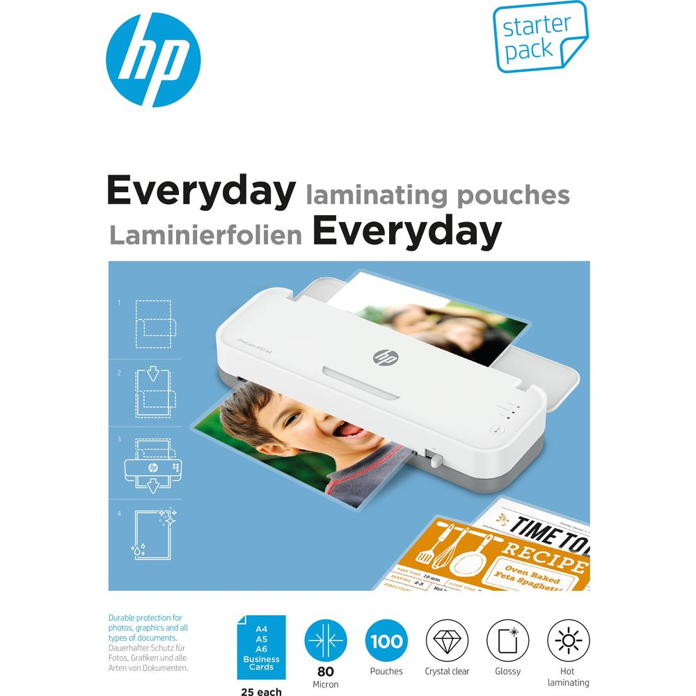 Plastificatrice HP bianca con bambino e ricetta.
