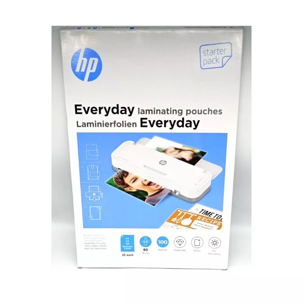 Scatola per plastificatrice HP Everyday con immagine di un ragazzo e plastificatrice.