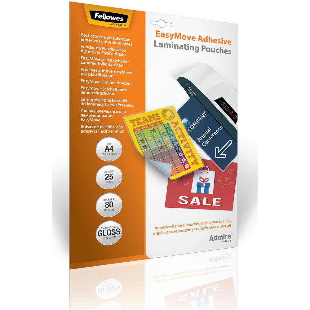 Fellowes EasyMove A4 Laminierfolien in Glanz, 25 Stück, 80 Mikron, für Teams & Konferenzen.