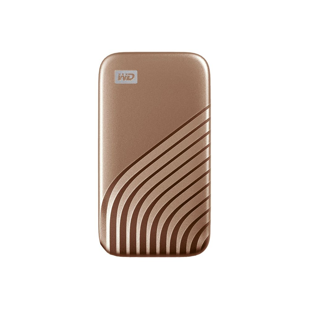 Un disque dur externe marron avec des lignes courbes et logo WD.