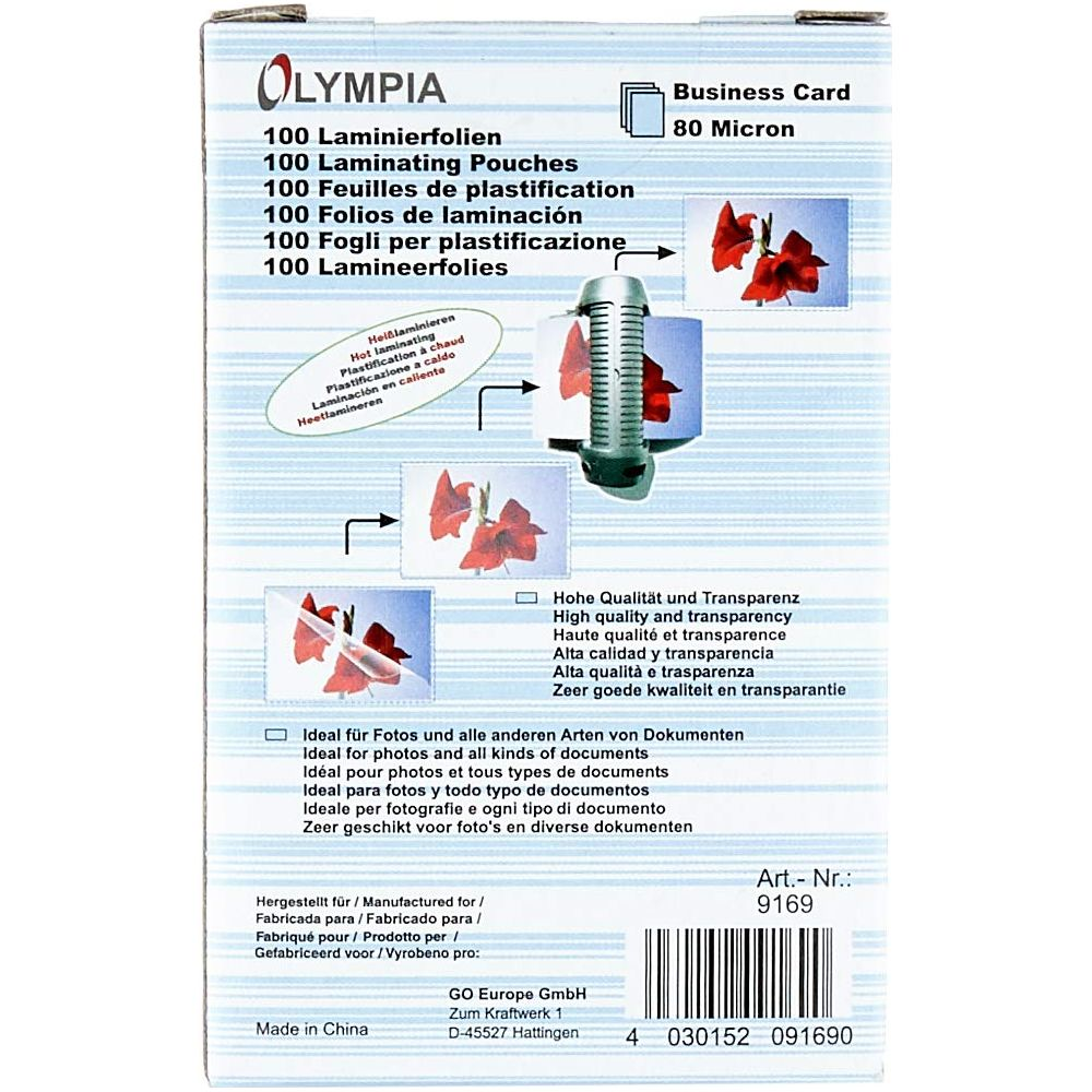 Olympia Laminierfolien: 100 Business Card Folien, 80 Micron, mit Bild. Heißlaminieren.