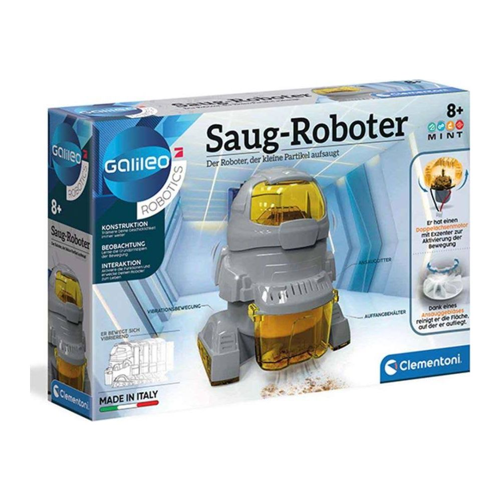 Verpackung eines Galileo Saug-Roboters, grau und gelb, mit detaillierten Abbildungen.