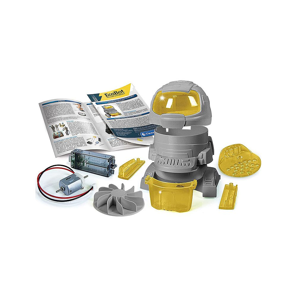 Roboterbausatz mit Anleitung, Motor, Lüfter, Batteriefach und gelben Teilen.