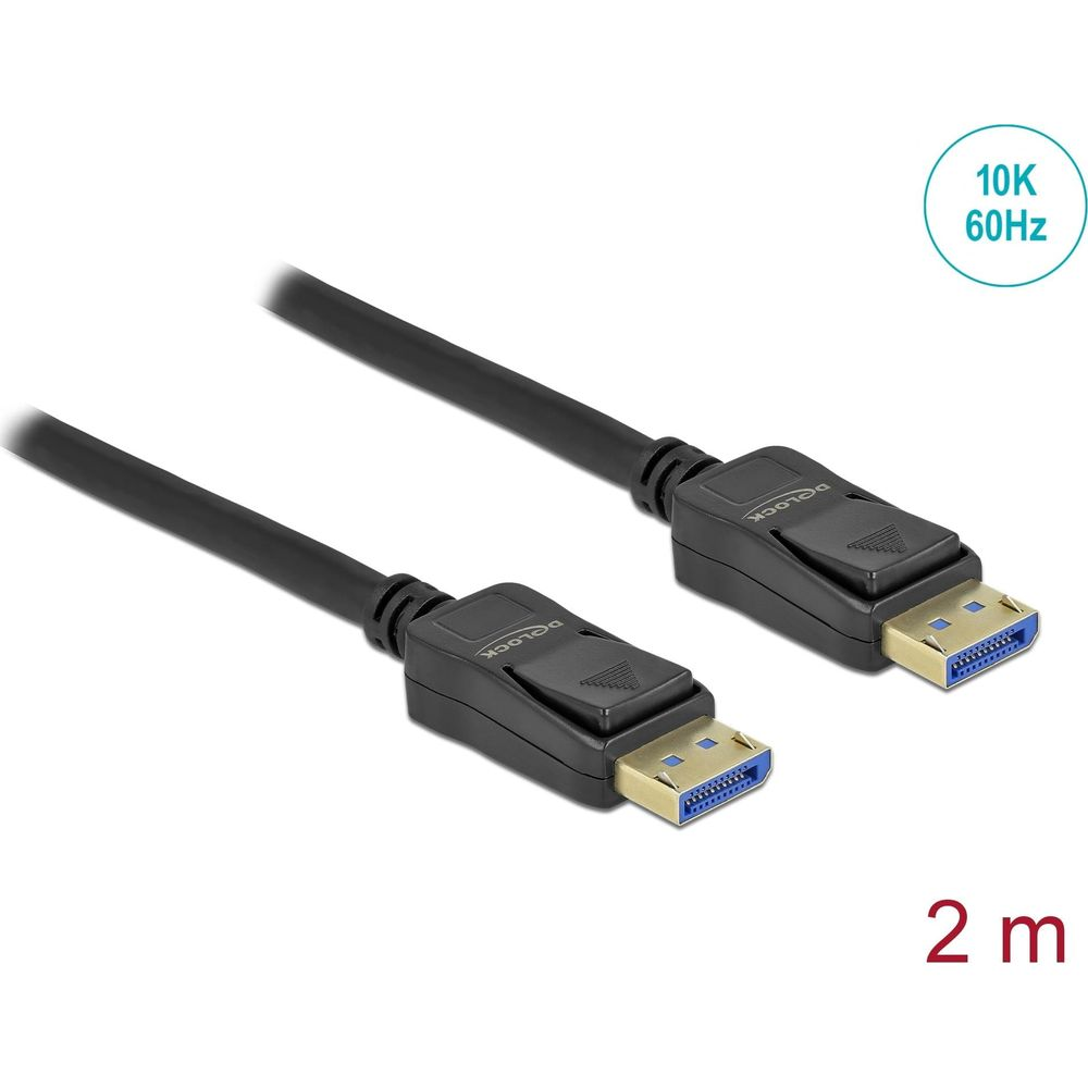 Un câble DisplayPort noir avec deux connecteurs, 2m de long, supportant 10K 60Hz.