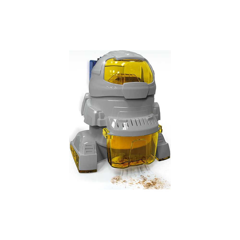 Ein grauer Roboter-Staubsauger mit gelbem Behälter sammelt Sand.