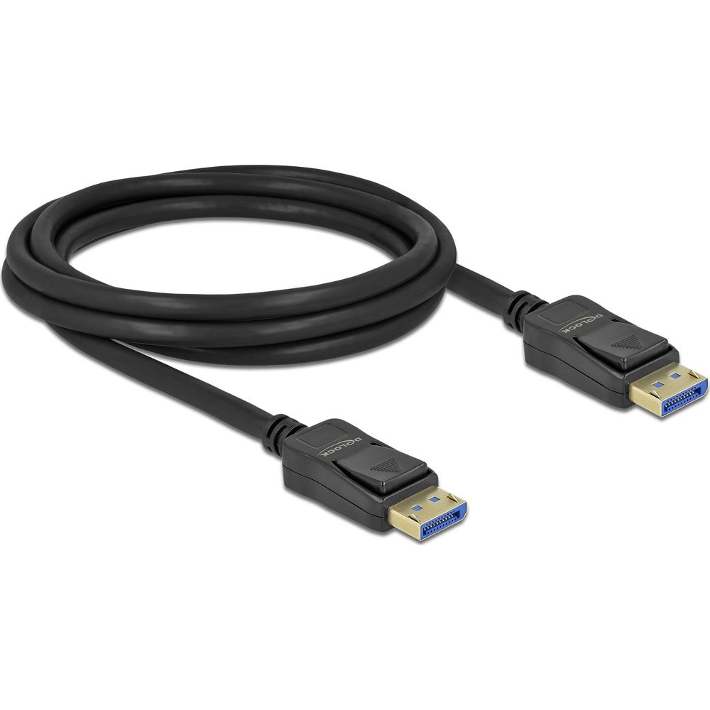 Câble DisplayPort noir avec connecteurs plaqués or, sur fond blanc.