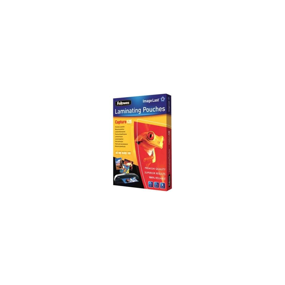 Verpackung für Fellowes Laminierfolien mit Froschmotiv.