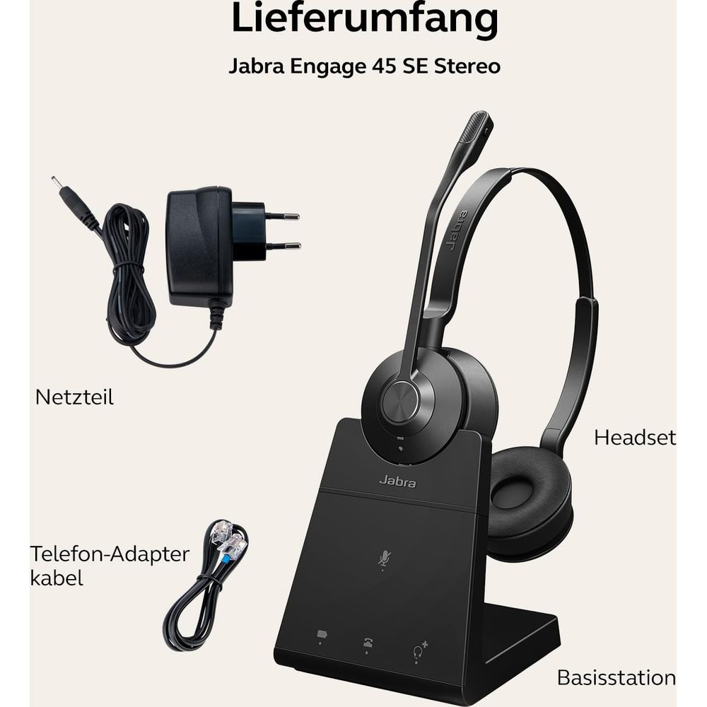 Zestaw słuchawkowy Jabra Engage 45 SE Stereo ze stacją bazową, zasilaczem i kablem.