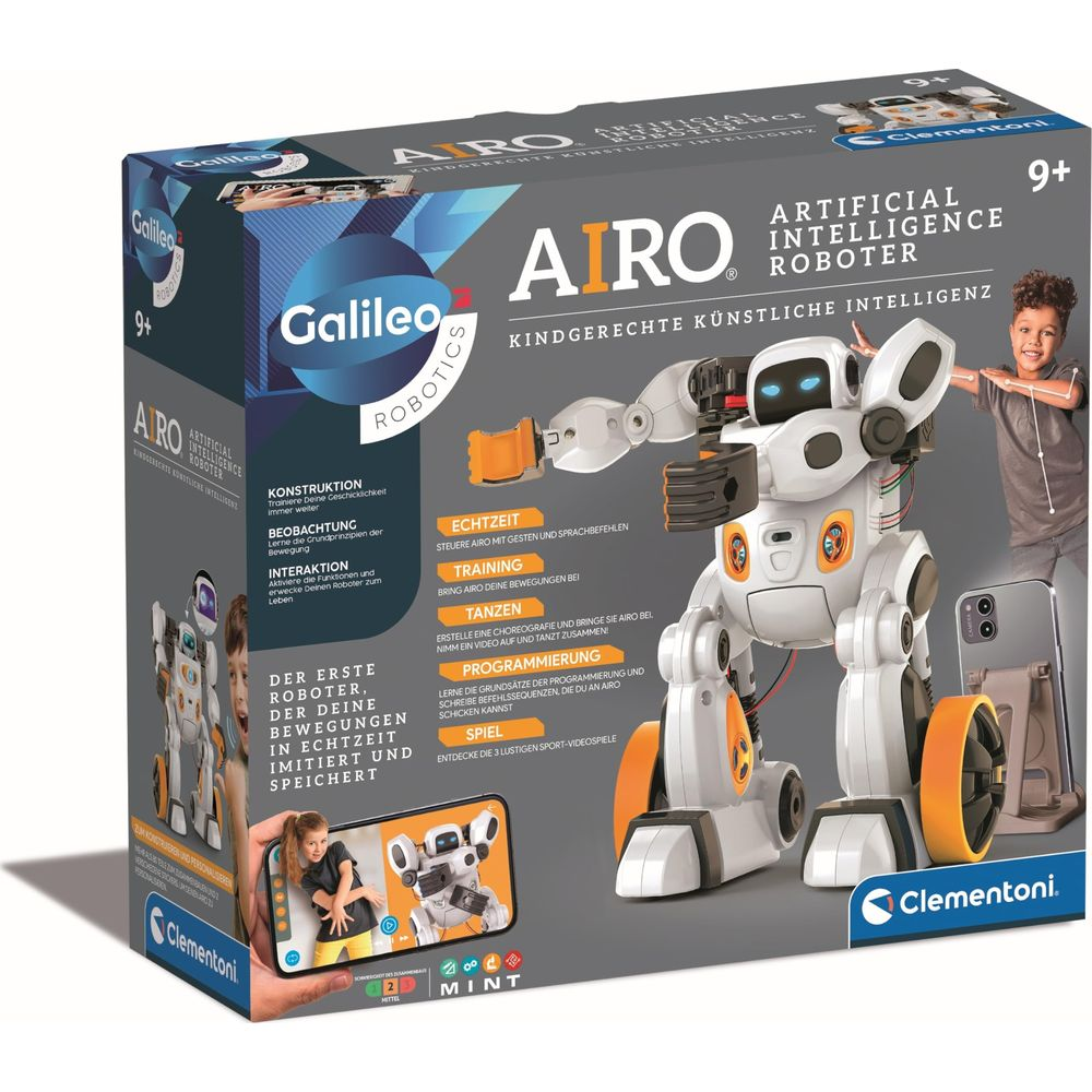 Boîte d'un robot IA blanc et orange avec un garçon.