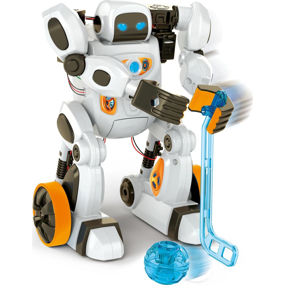 Un robot blanc tient un bâton de hockey bleu et une balle.