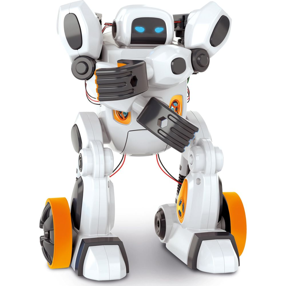 Un robot blanc aux yeux bleus et accents oranges se tient sur des roues.