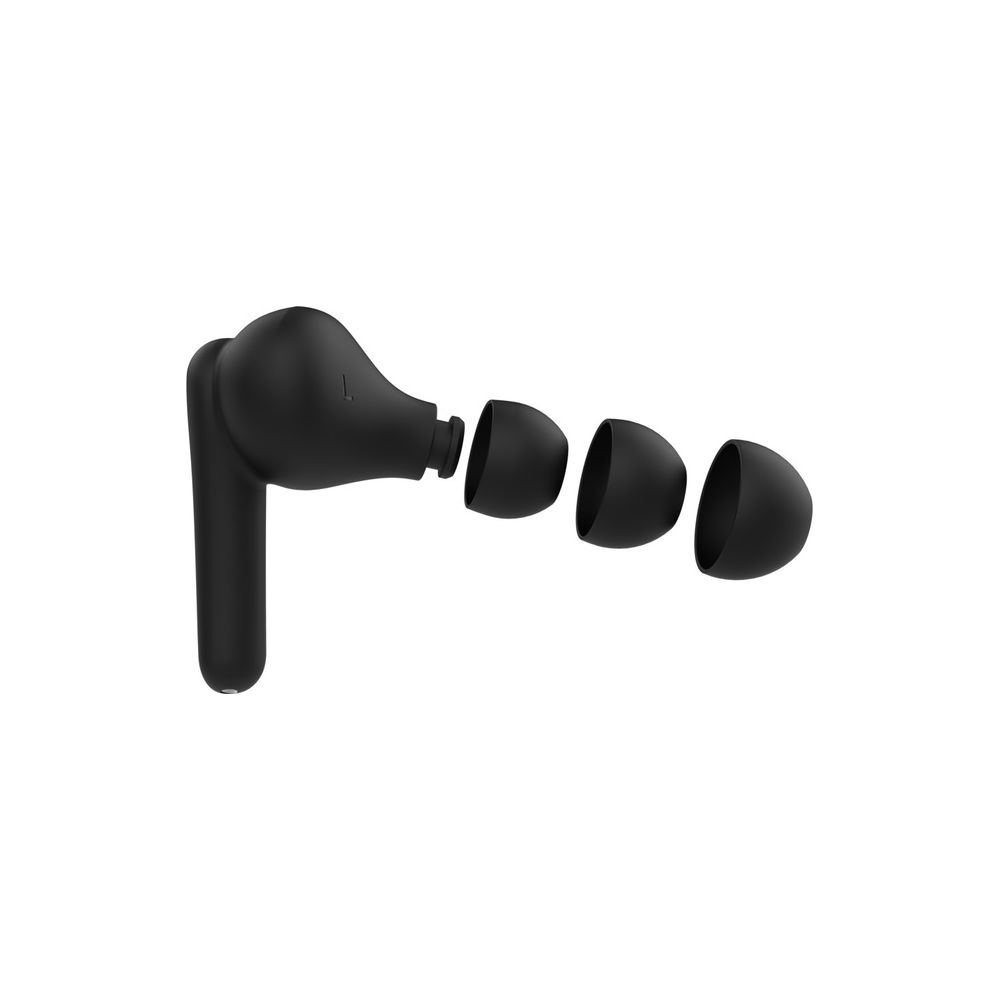 Czarny słuchawka z trzema odłączanymi silikonowymi końcówkami.