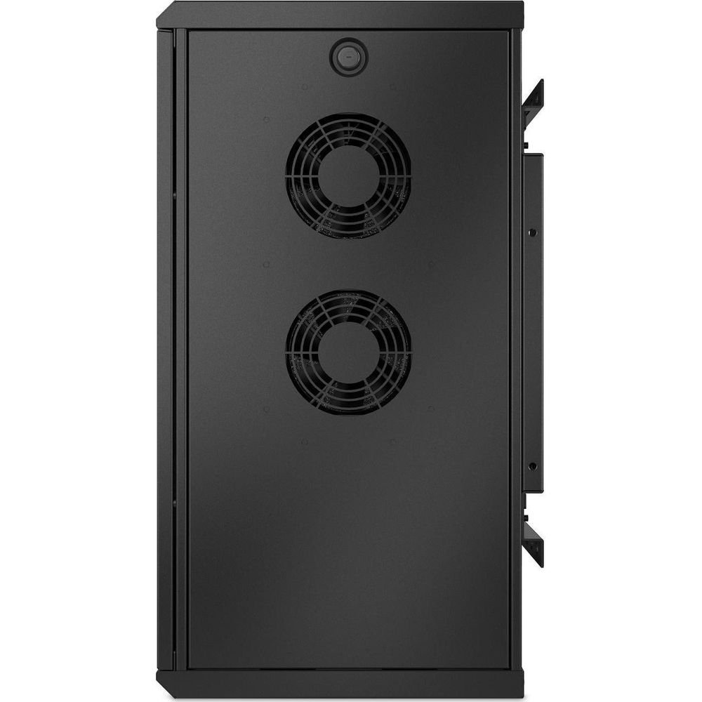 Armadio server nero con due ventole e un piccolo cerchio in alto.