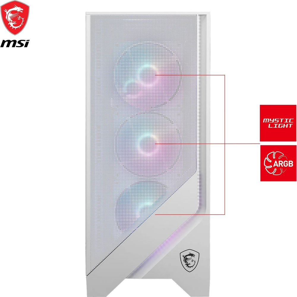 Biała obudowa komputera z trzema przednimi wentylatorami ARGB i logo MSI.