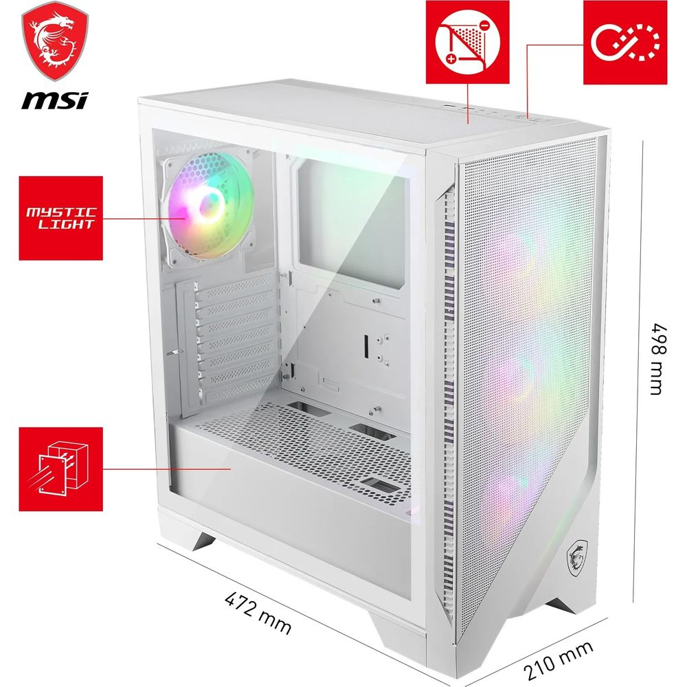Biała obudowa PC MSI z wentylatorem RGB, pokazane wymiary. Panel boczny przezroczysty.