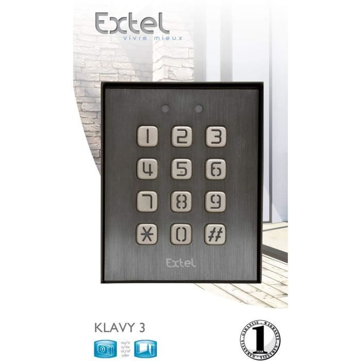 Un teclado Extel gris con números 0-9, asterisco y almohadilla.