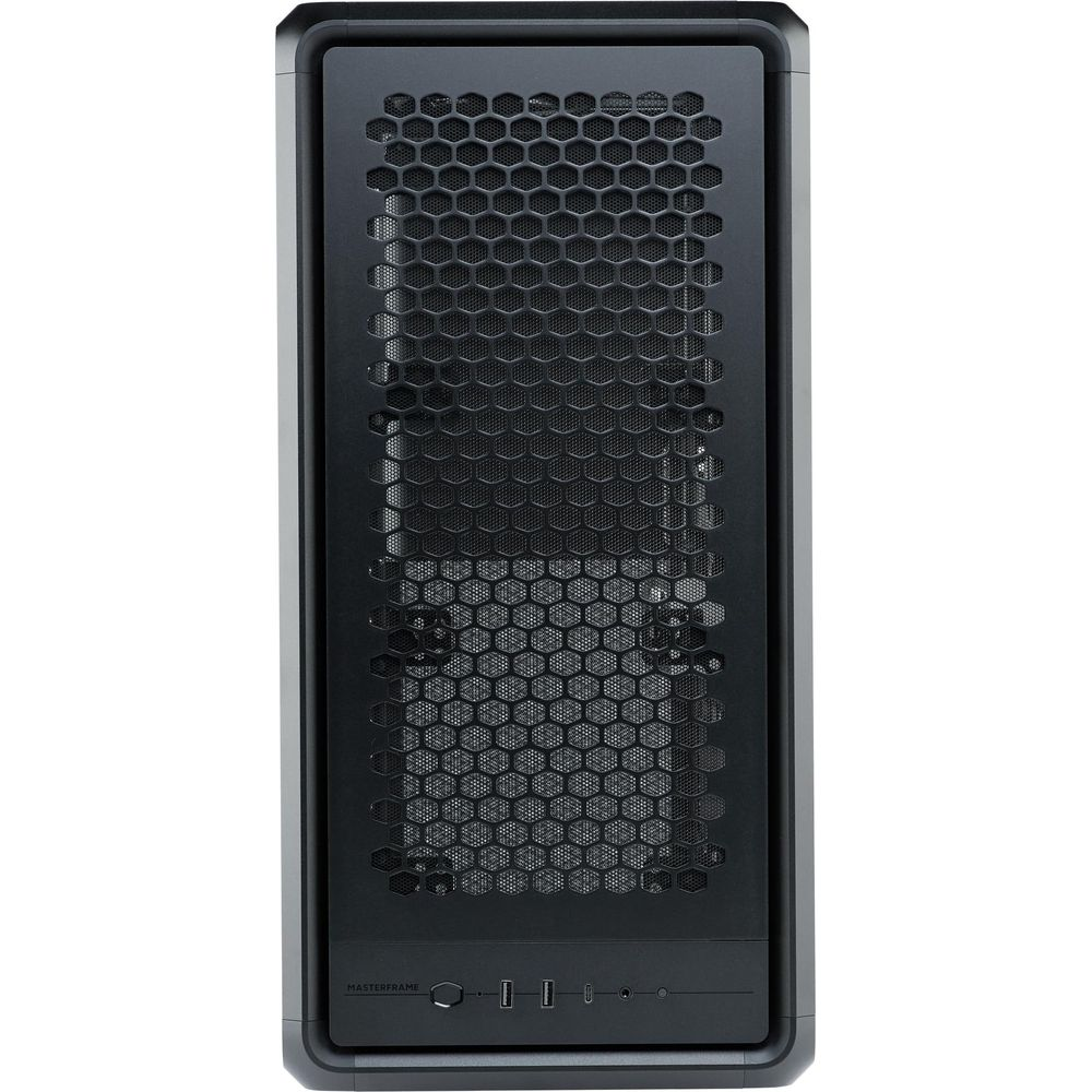 Ein schwarzes PC-Gehäuse mit Wabenmuster-Lüftungsgitter und Anschlüssen.
