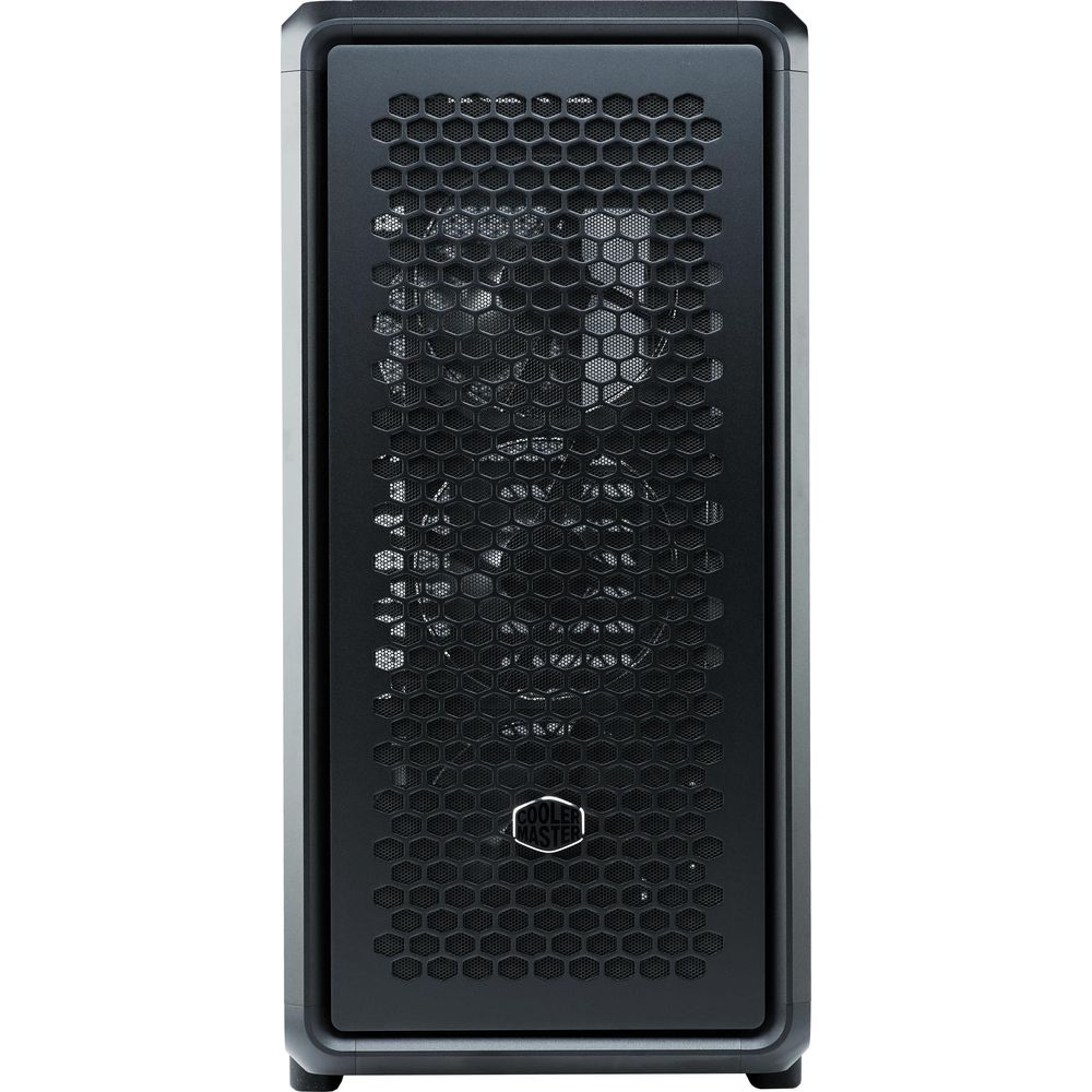 Schwarzes Computergehäuse mit wabenförmigem Frontgitter und Logo.